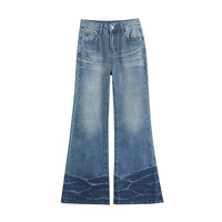 Celana Jeans Denim Warna-warni Model Kaki Lebar Wanita, Model Flare Longgar Pinggang Tinggi, Warna Medium Wash, Panjang hingga Lutut, Cocok untuk Bentuk Tubuh Pear