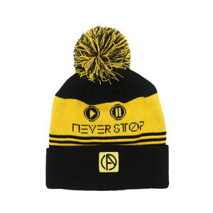 High Quality 100% Acrylic Custom Embroidery Logo Knitted Beanie Hat Unisex Shiny Color Design Pompom Hat bobble hat - Product Image 5