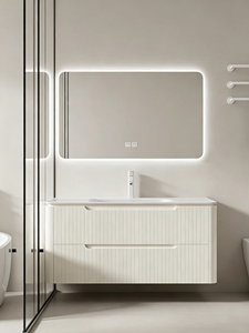 Meuble de salle de bain personnalisé en pierre de Keramin importée, style crème, avec vasque intégrée thermoformée, fixation murale, miroir inclus, écologique - Product Image 1