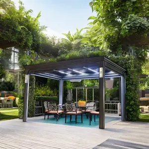 Pergola électrique d'extérieur en aluminium à persiennes pour cour jardin terrasse avec volet roulant coupe-vent latéral en bois traité thermiquement