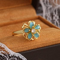 Cincin Putar Bunga Berlapis Emas dengan Batu Mata Kucing Turquoise, Perhiasan Penghilang Kecemasan untuk Wanita, Hadiah