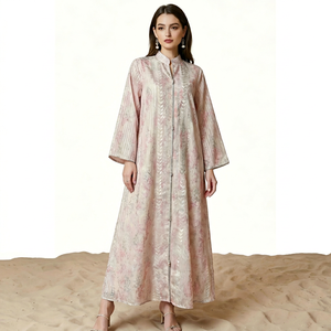 Floral Print Silk Abaya <b>Dress</b> With Stand Collar <b>Long</b> Sleeve Floor Length Modest Style <b>For</b> Women Daily Wear sequin stitching - Product Image 1