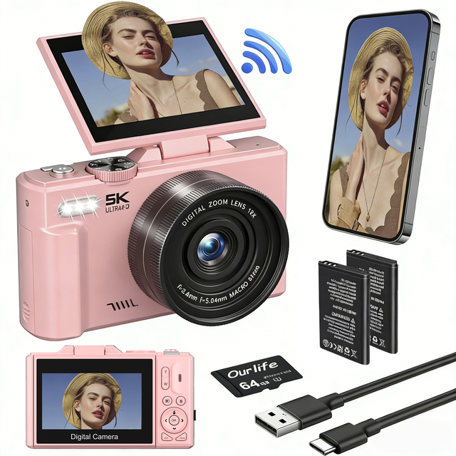 5K Retro Digital Camera 180° Flip Screen Compact Vlogging Camera with WiFi Auto Focus 18X Zoom LED Fill Light