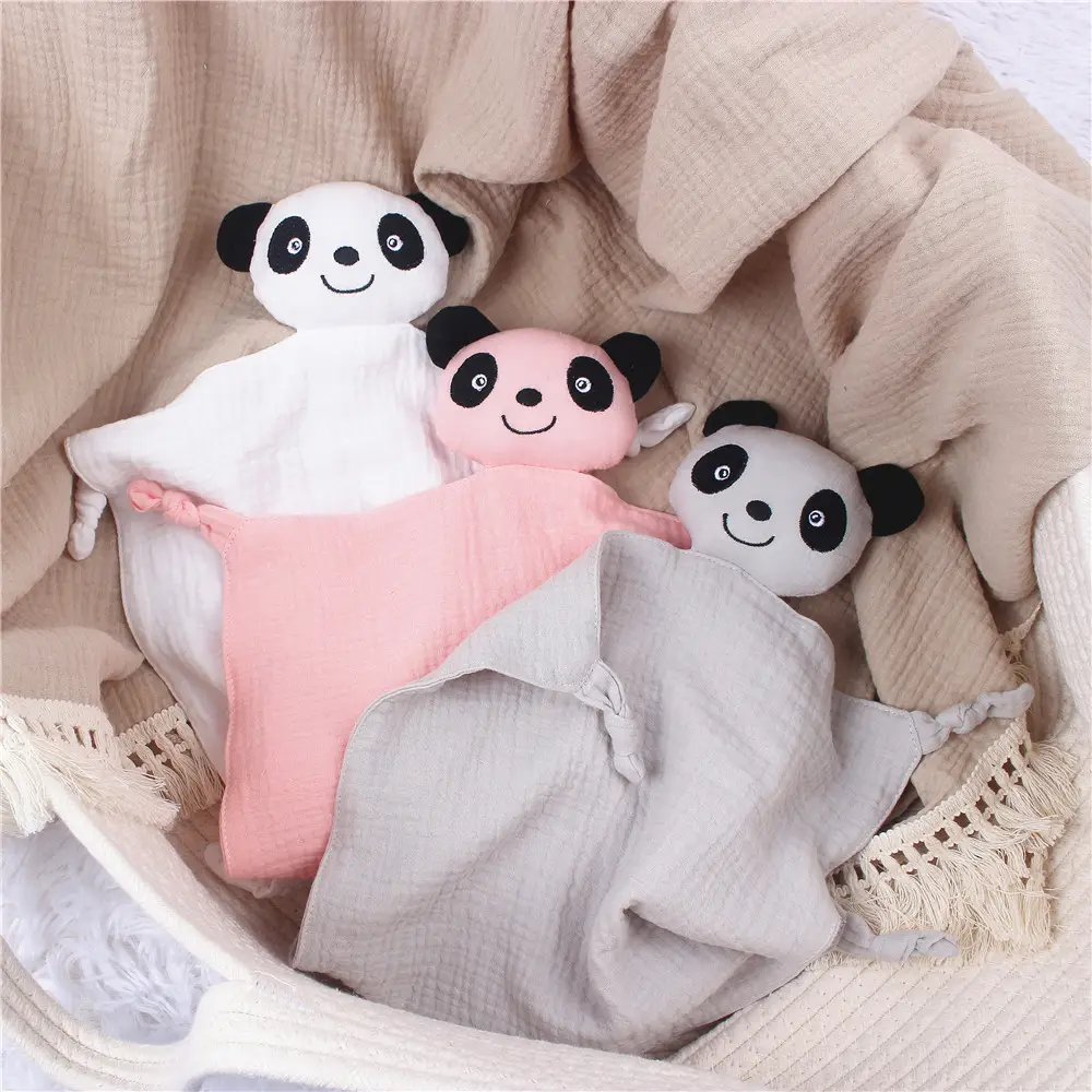 Hot Sale Organic Cotton Soft Toy Muslin Blanket Animal Baby Panda Lovey Baby Comforter