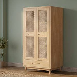 Modern Wooden <b>Wardrobe</b> With Cane Panel Doors Hinged Freestanding Bedroom Storage Cabinet Scandinavian Design - Product Image 6