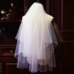 Lace Pearl Edge Wedding <strong>Veil</strong> 2 Tier Beaded Bridal <strong>Veils</strong> Fingertip Length White Double Layer Pearl <strong>Veil</strong> with Comb - Product Image 2