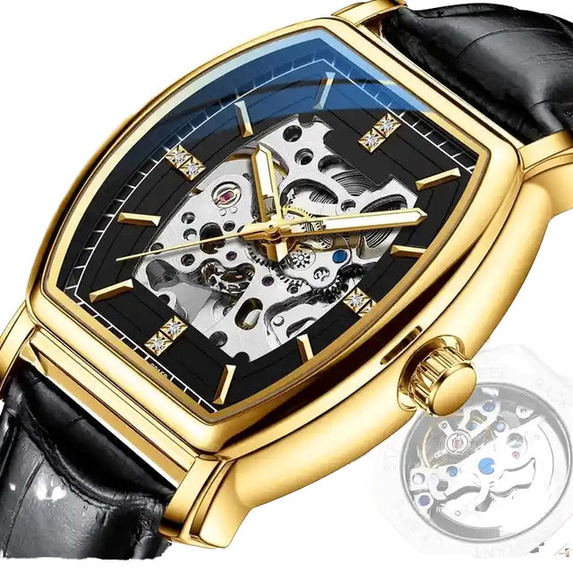 Luxury Stainless Steel Square Case Semi-Automatic Unisex Genuine Leather Mechanical Watch with Hollow Out Antique Style