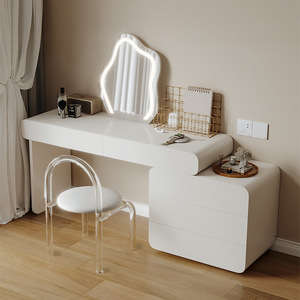 Modern Minimalist Creamy White Extendable Makeup <b>Vanity</b> With Lighted <b>Mirror</b> For Bedroom - Product Image 4
