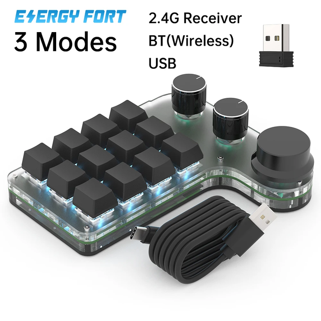 2.4G Receiver Wireless Custom Macro Keyboard 12 Keys 3 Knob USB Mini RGB Light Program Game Photoshop Layer Hotswap Keypad