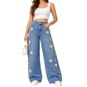 Jeans Anchos Lisos para Mujer, Jeans Anchos de la Mejor Calidad, Jeans Anchos Personalizados Estilo Hip Hop para Mujer - Product Image 1