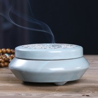Brûleur d'encens en céramique bleu clair avec couvercle, brûleur d'encens décoratif en céramique de luxe