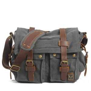 Cloth Bag Retro Canvas with Crazy Horse <strong>Leather</strong> Men and <strong>Women</strong> Messenger Bag Shoulder Bag Casual <strong>Satchel</strong> - Product Image 2