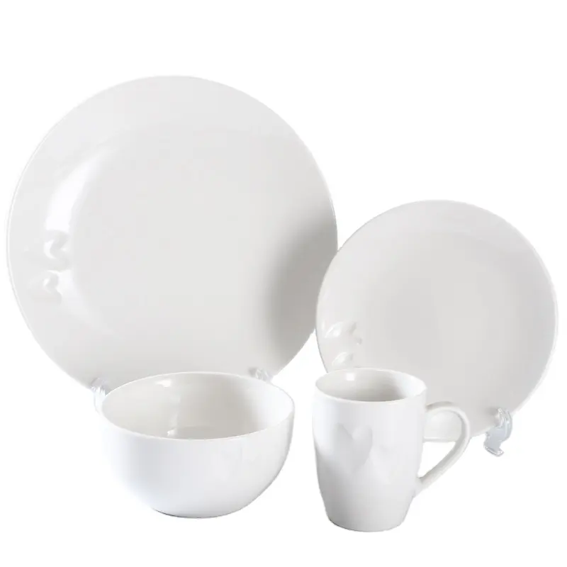 Juego de vajilla en relieve blanco, juego de vajilla de porcelana, de cerámica, caja personalizada de embalaje, venta al por mayor