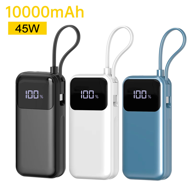 For A361 New Arrivals 45W Fast Charge 10000mAh Dual USB Wireless Charging Waterproof Power Bank for Smartphone Built-in Cables