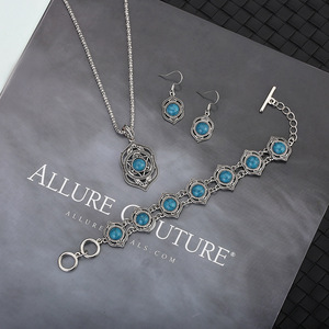 Geometric Alloy Jewelry <b>Set</b> With Turquoise Inlay For Women Fashion Necklace Earrings <b>Bracelet</b> <b>Set</b> - Product Image 2