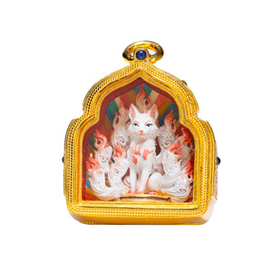 Colgante Thangka de latón chapado en oro pintado a mano, con motivos de Cinco Ye Huang Cai, Verde Tu <span class=keywords><strong>Mu</strong></span>, Ocho Zodiacos y Manjusri, estilo tibetano étnico - Product Image 5