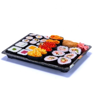 Rectangle Plastic Serving Tray Black Sushi Box With Transparent Lid