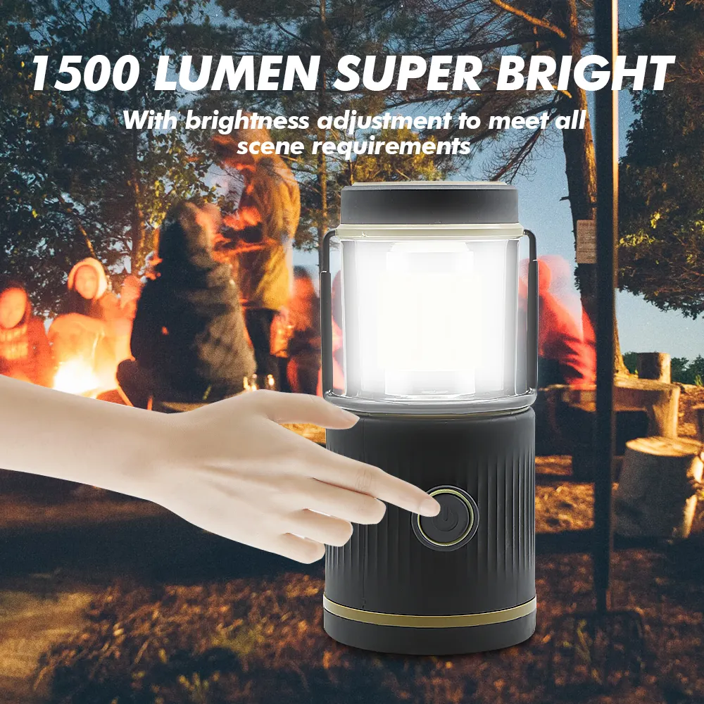 ชาร์จไฟได้ 1500LM, 4 โหมดไฟ, แบตสํารอง, ขาตั้งไฟตั้งแคมป์ LED กันน้ํา IPX4