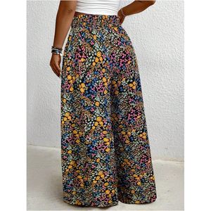 Pantalon palazzo fluide grande taille pour femme, motif floral, coupe large, taille haute, style bohème, idéal pour les vacances d'été et les croisières - Product Image 3