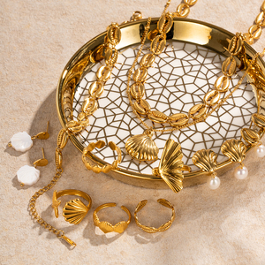 Nieuwe trendy 18K vergulde oceaanstijl ringensets van roestvrij staal met schelp hanger voor dames - Product Image 1