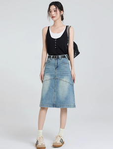2026 Hong Kong Vintage Retro Modest Waist A-Line Bag Hip <strong>Skirt</strong> Ladies Small <strong>Man</strong> Crotch Cover Washed Denim <strong>for</strong> Spring Summer - Product Image 3