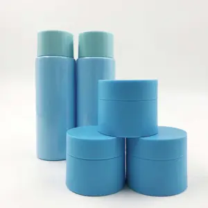 Mat mavi PET kozmetik sıvı şişe şampuan konteyner ve kavanoz seti yuvarlak boş şişeler için kozmetik ambalaj