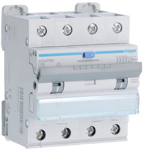 Hager RCBO 4P 25A Tipo AC 30mA Curva C 10000A Protezione per Sicurezza Elettrica - Product Image 1