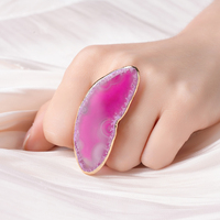 Anillo Ajustable Abierto con Borde Chapado en Oro y Rodaja de Ágata Natural, Anillos de Dedo con Gema Irregular en Bruto, Hechos a Mano, Venta al por Mayor