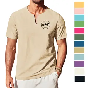 Camiseta de manga curta macia bordada personalizada para homens, camiseta de cânhamo de verão 190GSM de alta qualidade por atacado