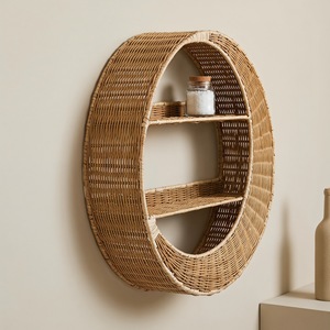 Handmade Woven Rattan Wall <b>Shelf</b> Circular 3 Tier Wall Mounted Storage <b>Rack</b> For Home Decor - Product Image 2