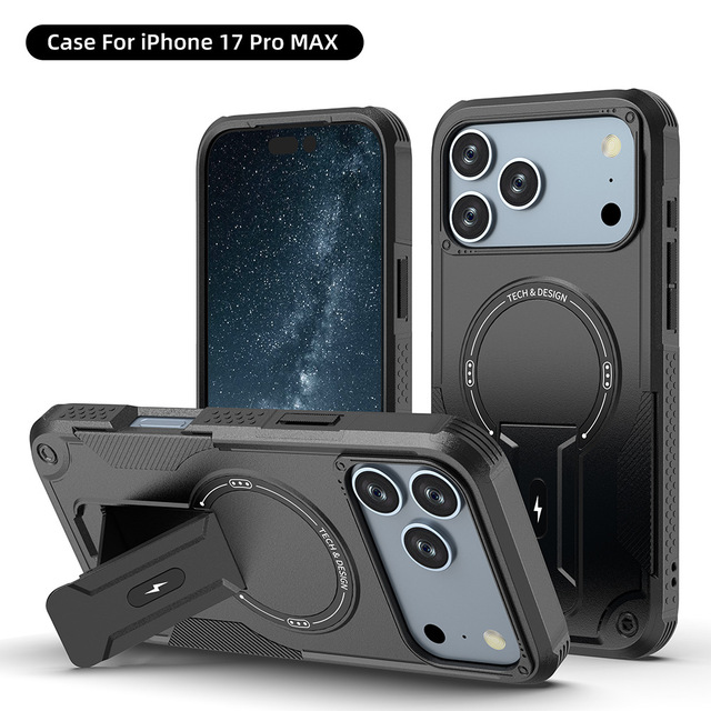 For iPhone 17 Pro Max TPU Hybrid PC Rugged Dropproof Phone case Built in Hidden Kickstand Magnetic on Back