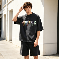T-shirt Homme AMLClever 100% Coton Luxe Tricoté Coupe Boxy 230g Grammage Lourd Anti-Rétrécissement Teint Uni Motif Imprimé
