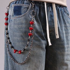 Heart Shaped Red Beaded Waist Chain Zinc Alloy Double <b>Ring</b> Unisex Casual Fashion Body Chain - Product Image 1