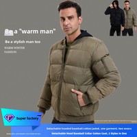 Veste en coton pour homme, col baseball, hiver 2026, capuche amovible, épaisse, imperméable, motif uni, manches longues, en stock