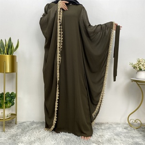 6529# Fashion Muslim <b>Islamic</b> Abaya Big Batwing Gold Lace Sleeves Middle With Lining Breathable Chiffon Ramadan EID Dress - Product Image 2