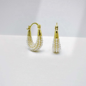 Precio de fábrica, plata 925, pendientes en forma de U, chapados en oro de 14k, pendientes geométricos de moda para mujer, retro, con perlas, pendientes de aro finos. - Product Image 3