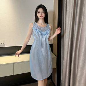 قميص نوم ساتان مقاس كبير للنساء، لانجيري مثير برقبة على شكل V، حواف دانتيل، ملابس نوم بلا أكمام، قميص حريري بقصة A-Line، لباس منزلي فستان ليلي - Product Image 3