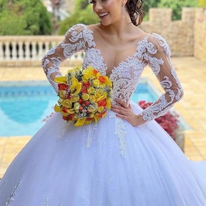 Abito da <span class=keywords><strong>sposa</strong></span> moderno 2025 stile principessa, bianco, con applicazioni in pizzo, maniche lunghe, vita scesa e allacciatura in pizzo, per spose - Product Image 2