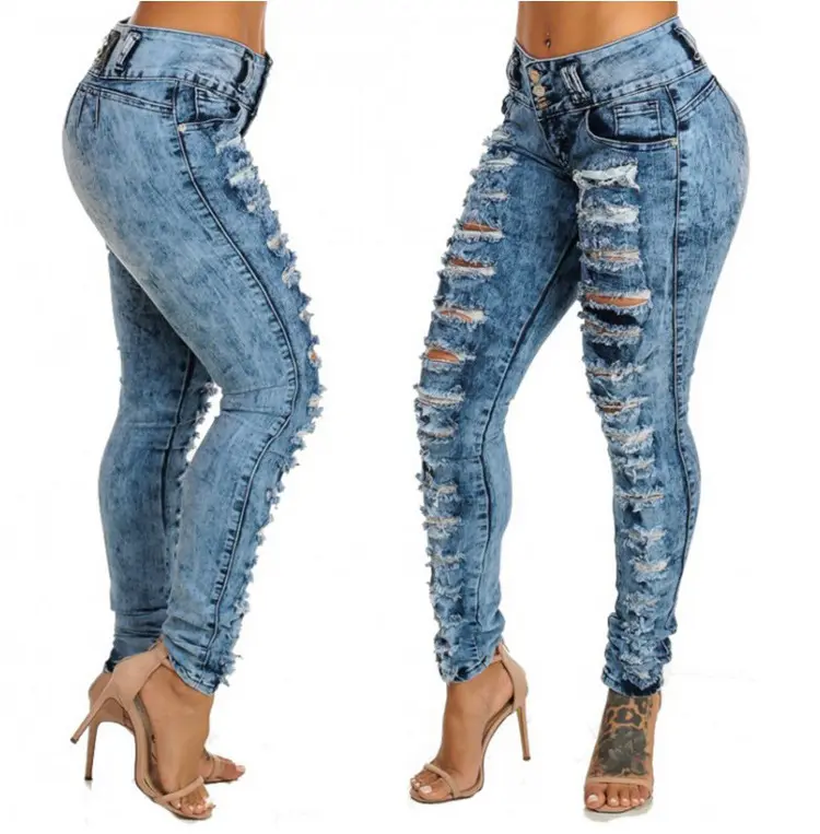Modetrend Summer Wish Hot Sale Damen jeans Zerrissene hoch taillierte Brust jeans Damen