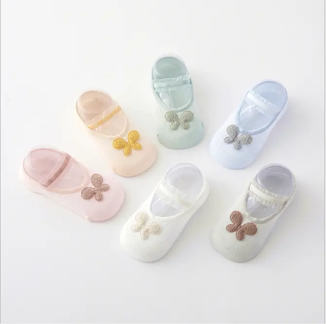 High Quality Custom Toddler Cotton Cute Korean Little Girls Ankle Mesh Socks Non-slip Baby Socks With Butterfly