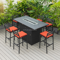 Gartenmöbel Aluminium Esstisch und Bank Set mit Feuerstelle Tisch 6-Sitzer Outdoor Dining Set Moderner Tisch und Stühle