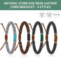 Bracelet en Cordon de Cuir avec Perles en Pierre Naturelle, 4 Styles : Turquoise, Malachite, Hématite, Lave, Réglable, Homme, Bohème, Vente en Gros OEM