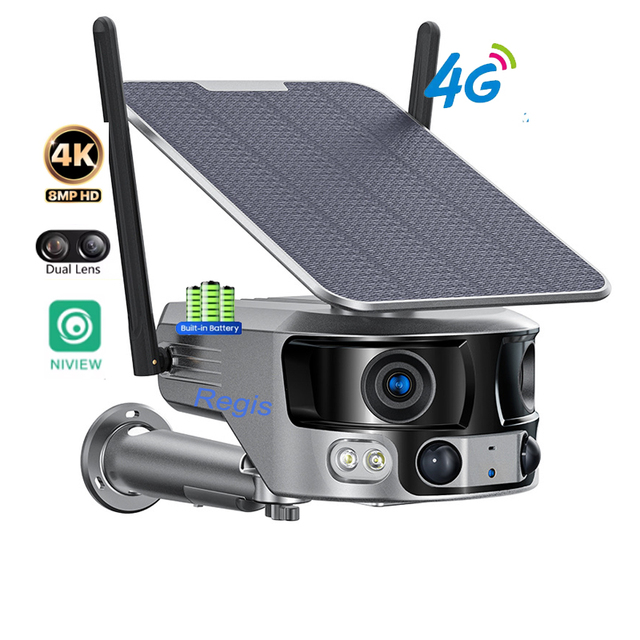 Regis 4K CMOS Surveillance Camera Dual Lens 4G WiFi Security 180 Degree PTZ IP Bullet Solar CCTV AI Human Detection Night Vision