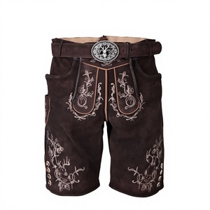 Lederhosen traditionnels allemands pour hommes, à carreaux, taille mi-haute, respirants, en daim de chèvre, avec motif brodé - Product Image 1