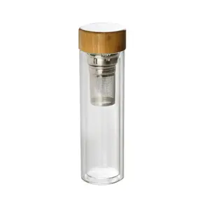 Изготовленный на заказ логотип BPA бесплатно боросиликатного с двойной стенкой многоразовый 400ml infuser стеклянная бутылка для воды с бамбуковой крышкой