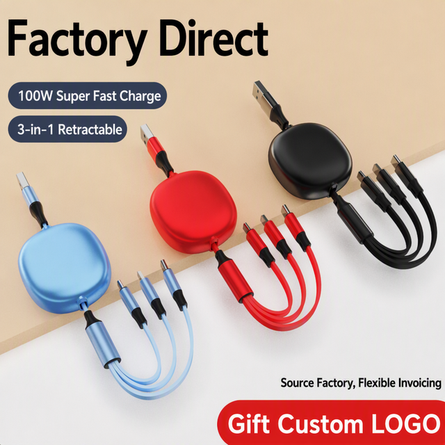 3-in-1 Retractable USB-A Fast Charging Cable for Mobile Phone | Type-C for Micro USB | Custom Logo OEM Factory Wholesale
