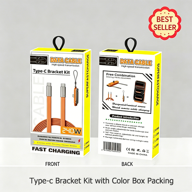 240W PD3.1 USB C to C Fast Charging Cable 1.5M Flat Silicone Cord with Phone Stand and Color Box Packing