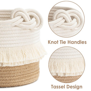 Cesta de Almacenamiento de Cuerda de Algodón con Borla y Nudo Decorativo, Cesto Grande para Ropa Sucia, Contenedor de Macramé para Juguetes, Toallas y Mantas - Product Image 5