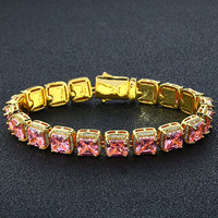 De Niche Brillant Élégant Hiphop Mode Trendy Sparkling Laiton Carré Rose Zircon Cube 10mm Tennis Lien Chaîne Bracelet
