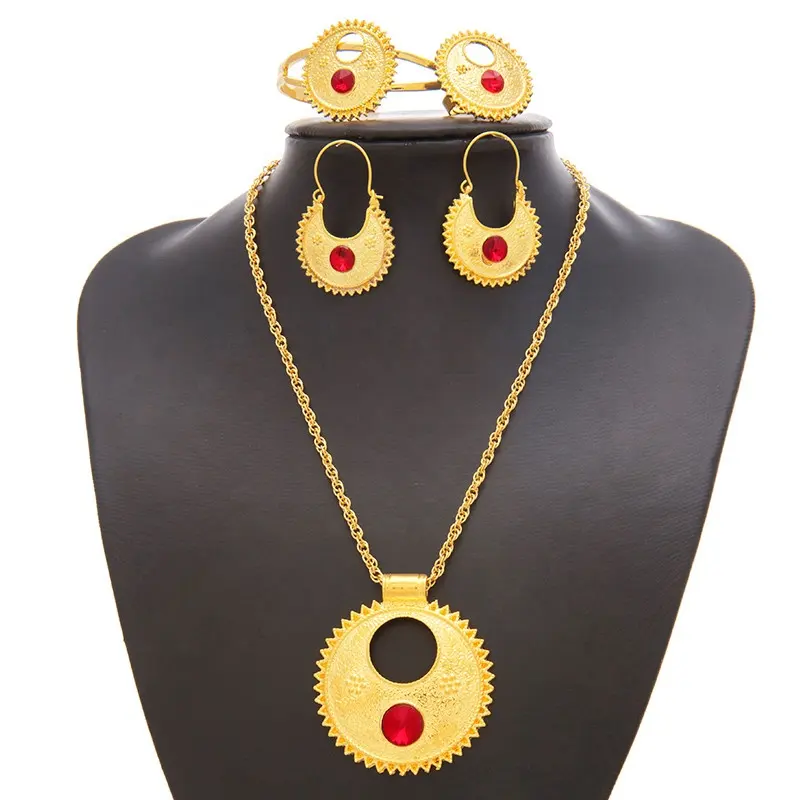 Anniyo — collier en cristal éthiopien, boucles d'oreilles, bracelet, ensemble de bagues, plaqué or 18 carats, bijoux de mariée africaine, S196
